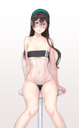 Rule 34 | 1girl, aqua eyes, aqua hairband, bare arms, bare legs, bare shoulders, black-framed eyewear, black hair, blush, feet out of frame, glasses, gris swimsuit, groin, hair between eyes, hairband, highres, kantai collection, long hair, meme attire, navel, one-piece swimsuit, ooyodo (kancolle), open mouth, semi-rimless eyewear, sitting, solo, swimsuit, white one-piece swimsuit, yuuji (and)