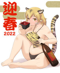 Rule 34 | 1girl, 2022, bikini, blonde hair, blush, bottle, breasts, character request, closed mouth, commentary request, copyright request, covered navel, drink, full body, highres, holding, holding bottle, holding drink, jitome, katou (katohayabusa), large breasts, looking at viewer, shadow, sideboob, simple background, sitting, solo, swimsuit, tail, thick eyebrows, thick thighs, thighs, translation request, white background, yellow eyes