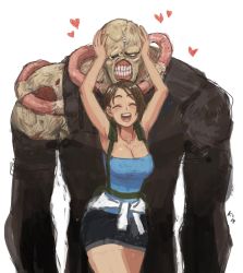 Rule 34 | 1boy, 1girl, ^ ^, armpits, arms up, bare arms, blush, breasts, brown hair, cleavage, closed eyes, cowboy shot, hands on another&#039;s head, happy, heart, highres, jill valentine, kinuko (kinucakes), large breasts, monster, nemesis (resident evil), open mouth, resident evil, resident evil 3, resident evil 3: nemesis, short hair, size difference, skirt, smile, stitches, teeth