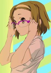 Rule 34 | 1girl, bespectacled, brown eyes, brown hair, glasses, hairband, k-on!, kurokoshou (spicyland), looking at viewer, parted lips, solo, tainaka ritsu