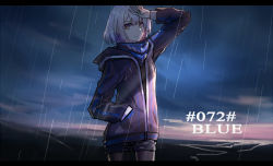 Rule 34 | 1girl, bandana, cloud, cloudy sky, commentary, covering privates, echj, girls&#039; frontline, grey hair, hands in pocket, jacket, letterboxed, looking at viewer, ocean, rain, sky, smile, solo, vector (girls&#039; frontline), yellow eyes