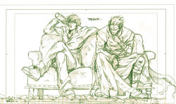 Rule 34 | 2boys, bad id, bad pixiv id, bottle, coat, colored pencil (medium), couch, drink, drinking, closed eyes, formal, full body, gloves, high collar, katomiman, crossed legs, long coat, male focus, manly, monochrome, multiple boys, nicholas d. wolfwood, open collar, short hair, sitting, smile, spiked hair, suit, sunglasses, torn clothes, traditional media, trigun, vash the stampede, white background
