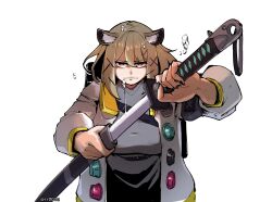 Rule 34 | 1girl, absurdres, animal ear fluff, animal ears, arknights, artist name, black nails, brown hair, cat ears, closed mouth, crr001, dress, hair ornament, hairclip, highres, holding, holding sheath, holding sword, holding weapon, jacket, kagurabachi, kagurabachi pose (meme), katana, long sleeves, looking at viewer, nail polish, open clothes, open jacket, parody, scabbard, sheath, short dress, short hair, solo, sword, twitter username, unsheathing, upper body, utage (arknights), weapon, white background, white jacket