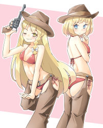 Rule 34 | 2girls, ;), alice margatroid, alternate costume, arm under breasts, arm up, arnest, ass, back, bare arms, bare shoulders, belt, bikini, blonde hair, blue eyes, blush, bow, braid, breasts, bright pupils, brown headwear, chaps, cleavage, closed mouth, collarbone, commentary request, cowboy hat, gun, hair bow, halterneck, handgun, hat, holding, holding gun, holding weapon, kirisame marisa, leg up, long hair, looking back, medium breasts, multiple girls, one eye closed, outline, pink background, pistol, red bikini, red ribbon, revolver, ribbon, side-tie bikini bottom, side braid, sideboob, smile, standing, standing on one leg, straight hair, string bikini, swept bangs, swimsuit, thighs, touhou, trigger discipline, two-tone background, very long hair, weapon, white bow, white outline, yellow eyes