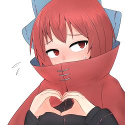 Rule 34 | 1girl, black shirt, blue bow, blush, bow, capelet, eyebrows, flying sweatdrops, full-face blush, hair bow, heart, heart hands, high collar, highres, long sleeves, looking at viewer, red eyes, red hair, sekibanki, shirt, simple background, solo, sweat, touhou, upper body, white background, yosususususu
