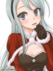 Rule 34 | 1girl, alternate costume, asymmetrical bangs, black headband, breasts, brown gloves, capelet, corset, dress, gloves, grey hair, headband, kantai collection, long hair, long sleeves, looking at viewer, mattari numenume, medium breasts, open mouth, purple eyes, sagiri (kancolle), santa dress, simple background, smile, solo, swept bangs, twitter username, upper body, white background