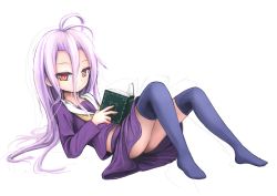 Rule 34 | 10s, 1girl, antenna hair, bad id, bad pixiv id, book, expressionless, highres, long hair, looking at viewer, lv21, lying, multicolored eyes, no game no life, on back, open book, purple hair, school uniform, serafuku, shiro (no game no life), simple background, solo, thighhighs, white background
