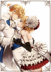 Rule 34 | 1boy, 1girl, bare shoulders, black gloves, blonde hair, blue eyes, border, brother and sister, cowboy shot, dress, eye contact, frilled dress, frills, gloves, hair ornament, hetero, holding hands, kagamine len, kagamine rin, looking at another, siblings, simple background, suzunosuke (sagula), twins, vocaloid