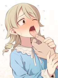 Rule 34 | 1boy, 1girl, bad id, bad pixiv id, blue dress, blush, brown eyes, brown hair, collared dress, commentary request, dress, drill hair, flying sweatdrops, full-face blush, idolmaster, idolmaster cinderella girls, long hair, long sleeves, morikubo nono, neck ribbon, nose blush, one eye closed, open mouth, out of frame, ribbon, ringlets, sweat, tongue, tongue grab, tongue out, twin drills, uccow, upper body, white background, white ribbon