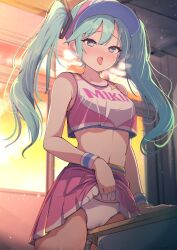 Rule 34 | absurdres, aqua eyes, aqua hair, blush, cheerleader, clothes lift, commentary request, commission, crop top, crotch rub, darumoon, desk, female masturbation, hatsune miku, heart, heart-shaped pupils, highres, indoors, lifting own clothes, long hair, masturbation, midriff, open mouth, orange sky, panties, pink shirt, pink skirt, pixiv commission, project diva (series), pussy juice, pussy juice drip through clothes, school desk, shirt, skirt, skirt lift, sky, sleeveless, sleeveless shirt, symbol-shaped pupils, table humping, tongue, tongue out, twintails, two-tone shirt, underwear, visor cap, vocaloid, white panties, white shirt