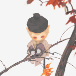 Rule 34 | autumn leaves, black footwear, black hat, black pants, chibi, day, furry, furry male, grey robe, hat, in tree, journey to the west, journey to the west (1986 tv series), long sleeves, looking away, looking down, mian lang, monkey boy, nature, outdoors, pants, photo-referenced, red eyes, robe, sitting, socks, sun wukong, tree, white background, white socks, wide sleeves