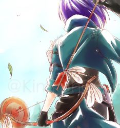 Rule 34 | 1girl, archery, arrow (projectile), black eyes, black gloves, blue hair, bow, bow (weapon), feathers, fire emblem, fire emblem: three houses, from behind, gloves, holding, holding arrow, holding bow (ornament), jacket, kiora06, nintendo, shamir nevrand, sleeves rolled up, target, weapon