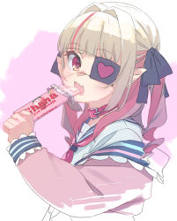 Rule 34 | 1girl, blush, candy, chocolate, chocolate bar, collar, drill hair, eating, eyepatch, fang, food, ghana (chocolate), grey hair, hair ribbon, heart, heart eyepatch, highres, jacket, long hair, looking at viewer, makaino ririmu, multicolored hair, neckerchief, nijisanji, off shoulder, open mouth, pink jacket, pointy ears, red collar, red eyes, red hair, red neckerchief, red ribbon, ribbon, sabamen, sailor collar, shirt, sketch, skin fang, solo, strawberry chocolate, twin drills, upper body, virtual youtuber