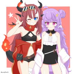 Rule 34 | 2girls, animal ears, artist name, bell, belt, blue eyes, blush, blush stickers, breasts, clothes around waist, coat, commission, cow ears, cow horns, dragon ears, dragon horns, dragon tail, fire, flame-tipped tail, flat chest, goggles, goggles on head, grin, highres, horns, jacket, jacket around waist, knee up, knees up, leafy bow, long hair, looking at viewer, multicolored hair, multiple girls, muu muyu, phase connect, pocket, purple eyes, purple hair, red hair, saya sairroxs, shorts, simple background, skirt, small breasts, smile, tail, teeth, thighs, v, very long hair, virtual youtuber, watermark