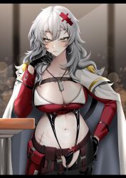 Rule 34 | 1girl, :/, arm rest, belt, belt pouch, black leotard, blush, breasts, chaps, closed mouth, clothing cutout, coat, coat on shoulders, cropped jacket, goddess of victory: nikke, grey hair, hair ornament, hairclip, highres, jacket, large breasts, leotard, long hair, looking at viewer, messy hair, midriff, navel cutout, pouch, red jacket, scar, scar on stomach, solo, stomach cutout, white coat, white hair, yellow eyes, ymr yamero, yulha (nikke)