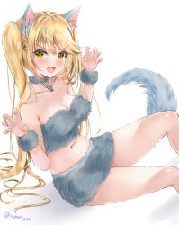 Rule 34 | 1girl, :d, animal ears, bare shoulders, blonde hair, breasts, choker, claw pose, cleavage, collarbone, crop top, fang, fujimori shiki, fur, long hair, looking at viewer, medium breasts, midriff, miniskirt, navel, open mouth, original, simple background, sitting, skirt, smile, solo, strapless, tail, thighs, tube top, twintails, v-shaped eyebrows, very long hair, white background, wolf ears, wolf girl, wolf tail, yellow eyes