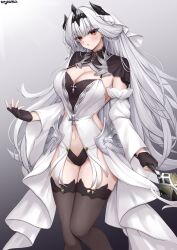 Rule 34 | 1girl, absurdres, azur lane, black gloves, black panties, black thighhighs, black tiara, blush, breasts, cleavage, cross, dress, fingerless gloves, gloves, gradient background, grey hair, groin, headpiece, highres, large breasts, long hair, looking at viewer, marseillaise (azur lane), navel, panties, parted lips, red eyes, revealing clothes, signature, simple background, solo, stomach, thighhighs, tiara, ueyama 0clock, underwear, white dress, white hair