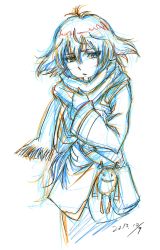 Rule 34 | 10s, 1girl, absurdres, colored pencil (medium), cowboy shot, dated, gata2013, hands on own chest, highres, kakumeiki valvrave, looking away, monochrome, renboukouji akira, scarf, short hair, sketch, solo, traditional media