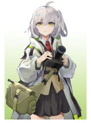 Rule 34 | 1girl, absurdres, ahoge, arknights, black skirt, brown vest, card, closed mouth, coffea (ancoffea), collared shirt, commentary request, cowboy shot, gradient background, green background, grey hair, hair between eyes, hands up, highres, holding, holding card, jacket, long sleeves, looking at viewer, necktie, one side up, open clothes, open jacket, pleated skirt, puffy long sleeves, puffy sleeves, red necktie, scene (arknights), shirt, skirt, solo, standing, vest, white background, white jacket, white shirt, yellow eyes