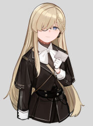 Rule 34 | 1girl, black jacket, blonde hair, blue eyes, braid, closed mouth, cropped torso, cz52 (girls&#039; frontline), french braid, girls&#039; frontline, gloves, grey background, hair over eyes, highres, holding, holding paper, jacket, long hair, long sleeves, monocle, one eye covered, paper, rampart1028, sleeve cuffs, smile, solo, white gloves