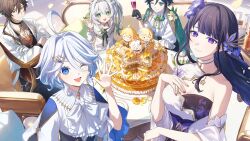 2boys 3girls aether_(genshin_impact) aqua_eyes aqua_hair artist_request black_hair blue_eyes blue_hair blush bow bowtie braid breasts brown_eyes brown_hair cake closed_mouth crossed_arms dress flower food furina_(genshin_impact) genshin_impact gradient_hair green_eyes green_hair hair_between_eyes hair_flower hair_ornament hand_up highres jacket jewelry leaf_hair_ornament long_hair long_sleeves looking_at_viewer lumine_(genshin_impact) medium_breasts mole mole_under_eye multicolored_hair multiple_boys multiple_girls nahida_(genshin_impact) official_art one_eye_closed open_mouth paimon_(genshin_impact) pointy_ears ponytail purple_eyes purple_flower purple_hair raiden_shogun side_ponytail smile symbol-shaped_pupils twin_braids white_bow white_bowtie white_dress white_hair white_jacket zhongli_(genshin_impact)