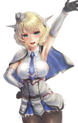 Rule 34 | 1girl, arm up, armpits, belt, black gloves, black pantyhose, blonde hair, blouse, blue eyes, blue necktie, blush, braid, breasts, capelet, collared shirt, colorado (kancolle), cowboy shot, dress, elbow gloves, garrison cap, gloves, grey dress, hand on own hip, hat, headgear, highres, kantai collection, kokuzou, large breasts, looking at viewer, necktie, open mouth, pantyhose, pleated dress, shirt, short hair, side braid, side braids, sideboob, sidelocks, simple background, single braid, sleeveless, sleeveless shirt, solo, white background, white shirt