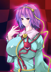 Rule 34 | 1girl, aura, bad id, bad pixiv id, breasts, breasts squeezed together, female focus, heart, huge breasts, impossible clothes, impossible shirt, komeiji satori, large breasts, nail polish, purple hair, purple nails, red eyes, shirt, short hair, smile, solo, toono yayoi, touhou