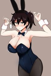 Rule 34 | 10s, 1girl, animal ears, armpits, arms up, black hair, bouncing breasts, bow, bowtie, breasts, brown eyes, rabbit ears, cleavage, detached collar, fake animal ears, hairband, kaga (kancolle), kantai collection, large breasts, pantyhose, playboy bunny, poshi (ginmokusei), short hair, side ponytail, solo, wrist cuffs