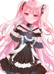 Rule 34 | 1girl, black dress, commentary, detached collar, dress, gothic lolita, hololive, lolita fashion, long hair, looking at viewer, negima (le ne38), off-shoulder dress, off shoulder, pink hair, red eyes, simple background, skull brooch, solo, two side up, uruha rushia, uruha rushia (3rd costume), virtual youtuber, white background