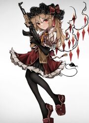 Rule 34 | 1girl, absurdres, ascot, black gloves, black hat, blonde hair, bow, closed mouth, commentary, crystal, elbow gloves, fingerless gloves, flandre scarlet, gloves, grey background, gun, hat, hat bow, highres, holding, holding gun, holding weapon, laevatein (tail), long hair, looking at viewer, mob cap, one side up, ougiikun, red bow, red eyes, red footwear, short sleeves, smile, solo, tail, touhou, weapon, wings, yellow ascot