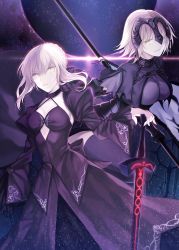 Rule 34 | 2girls, armor, artoria pendragon (all), artoria pendragon (fate), black dress, breasts, capelet, chain, commentary request, criss-cross halter, dress, excalibur morgan (fate), fate/grand order, fate (series), flag, gauntlets, halterneck, halterneck, headpiece, highres, jeanne d&#039;arc (fate), jeanne d&#039;arc (ruler) (fate), jeanne d&#039;arc alter (avenger) (fate), jeanne d&#039;arc alter (fate), juliet sleeves, large breasts, long sleeves, multiple girls, puffy sleeves, ruler (fate/grand order), saber (fate), saber alter, short hair, smile, trait connection, white hair, wide sleeves, wowishi, yellow eyes