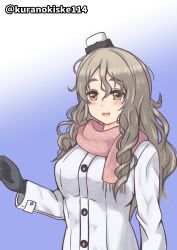 Rule 34 | 1girl, black gloves, breasts, brown eyes, coat, commentary request, gloves, grey hair, hair between eyes, hat, highres, kantai collection, kurano kisuke, medium breasts, mini hat, official alternate costume, one-hour drawing challenge, pink scarf, pola (kancolle), scarf, solo, thick eyebrows, twitter username, upper body, wavy hair, white coat, white hat