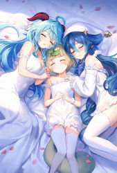 Rule 34 | 3girls, absurdres, ahoge, alternate costume, arm garter, bare shoulders, blonde hair, blue hair, blunt bangs, breasts, cleavage, closed eyes, closed mouth, commentary request, dress, drill hair, drill sidelocks, facing viewer, feet out of frame, frilled dress, frilled garter, frills, ganyu (genshin impact), genshin impact, goat horns, hair between eyes, hand on another&#039;s shoulder, highres, horns, lalazyt, layla (genshin impact), leaf, leaf on head, long dress, long hair, long sleeves, lying, medium breasts, multiple girls, off-shoulder dress, off shoulder, on back, on bed, on side, parted lips, petals, pom pom (clothes), ponytail, ringlets, rose petals, sayu (genshin impact), short hair, sidelocks, sleeping, sleeveless, sleeveless dress, small breasts, strap slip, strapless, strapless dress, thighhighs, thighs, twin drills, very long hair, wedding dress, white dress, white headwear, white thighhighs, zettai ryouiki