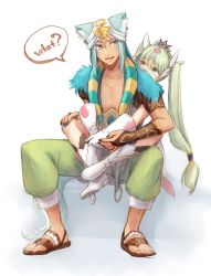 Rule 34 | 1boy, 1girl, animal ears, blue eyes, blue hair, blue nails, boots, bridal gauntlets, collarbone, dark skin, english text, facial mark, fox ears, fox tail, frey (rune factory), full body, gloves, gold trim, green hair, green pants, hair ribbon, hetero, hug, hug from behind, knee boots, leon (rune factory), long hair, looking at another, nail polish, niduca (hio touge), open mouth, own hands together, pants, ribbon, rune factory, rune factory 4, sandals, sitting, sketch, smile, speech bubble, tail, twintails, very long hair, white background, white footwear, white gloves, white ribbon