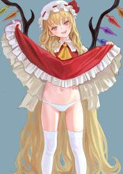Rule 34 | 1girl, :d, absurdly long hair, alternate hair length, alternate hairstyle, ascot, bad id, bad pixiv id, blonde hair, blue background, blush, clothes lift, commentary request, crystal, dress, dress lift, fangs, feet out of frame, fkey, flandre scarlet, hat, hat ribbon, head tilt, highres, lifting own clothes, long hair, looking at viewer, mob cap, navel, open mouth, panties, petticoat, red dress, red eyes, red ribbon, ribbon, simple background, smile, solo, standing, stomach, thighhighs, thighs, touhou, underwear, very long hair, white hat, white panties, wings, yellow ascot