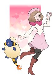 Rule 34 | 1girl, absurdres, beret, boots, brown footwear, brown hair, commission, creatures (company), crossover, full body, game freak, gen 2 pokemon, hat, heart, highres, holding, holding poke ball, horns, love ball, mareep, nintendo, okumura haru, one eye closed, parody, persona, persona 5, pink headwear, poke ball, pokemon, pokemon (creature), style parody, tail, vergolophus