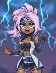 Rule 34 | 1girl, :d, bare shoulders, belt, black choker, black gloves, black shorts, blue belt, blue eyes, breasts, choker, clenched hands, collarbone, commentary, cowboy shot, fingerless gloves, fishnets, forehead protector, gloves, grey hair, hand up, jacket, league of legends, lightning, medium breasts, navel, official alternate costume, open clothes, open jacket, open mouth, phantom ix row, ponytail, pouch, qiyana (league of legends), shockblade qiyana, shorts, smile, solo, symbol-only commentary, teeth, tongue, upper teeth only
