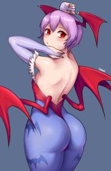 Rule 34 | 1girl, ass, ass focus, bare shoulders, blue pantyhose, blush, breasts, bridal gauntlets, capcom, dako (dakosito), demon girl, from behind, grey background, hair between eyes, hand on own head, head wings, highres, leotard, lilith aensland, looking at viewer, looking back, low wings, pantyhose, print pantyhose, purple hair, red eyes, shiny clothes, shiny skin, short hair, sideboob, simple background, small breasts, solo, thong leotard, vampire (game), wings