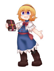 Rule 34 | 1girl, alice margatroid, black pantyhose, blackbad, blonde hair, blue dress, blue eyes, book, boots, brown footwear, capelet, commentary request, dress, flat chest, full body, hairband, highres, holding, holding book, medium hair, neck ribbon, open mouth, pantyhose, red hairband, red ribbon, ribbon, shaded face, smile, solo, standing, touhou, white capelet