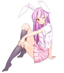 Rule 34 | 1girl, ;), animal ears, black socks, breasts, closed mouth, from side, full body, highres, invisible chair, light purple hair, long hair, looking to the side, medium breasts, miniskirt, necktie, one eye closed, pink skirt, pleated skirt, rabbit ears, red eyes, red necktie, reisen udongein inaba, shirt, short sleeves, sitting, skirt, smile, socks, solo, touhou, white shirt, yukina (masyumaro610)