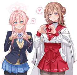 2girls 4-finger_heart_hands absurdres alternate_hairstyle black_pantyhose blue_archive blue_jacket blue_ribbon blue_skirt blush commentary cosplay costume_switch crossover english_commentary gakuen_idolmaster hairstyle_switch hakama hakama_skirt halo hatsuboshi_gakuen_school_uniform heart heart_hands heart_in_heart_hands high-waist_skirt highres himesaki_rinami idolmaster jacket japanese_clothes looking_at_viewer mimori_(blue_archive) multiple_girls neck_ribbon pantyhose pleated_skirt red_skirt ribbon rynn_(darknescorez) school_uniform shirt shirt_tucked_in simple_background skirt smile spoken_heart sweater twitter_username white_background white_shirt yellow_sweater