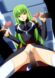 Rule 34 | 00s, 1girl, breasts, brown eyes, c.c., censored, code geass, covered navel, detached sleeves, double handjob, covered erect nipples, green hair, group sex, handjob, highres, impossible clothes, impossible shirt, large breasts, long hair, multiple penises, penis, pinky out, pussy, sex, shirt, skin tight, socks, solo focus, thighhighs