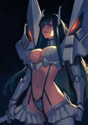 Rule 34 | 1girl, black hair, breasts, cleavage, commentary, english commentary, frown, gloves, glowing, glowing eyes, headpiece, high collar, junketsu, kamui (kill la kill), kill la kill, kiryuuin satsuki, large breasts, living clothes, long hair, looking at viewer, navel, phamoz, pleated skirt, revealing clothes, skirt, solo, stomach, suspenders, thick eyebrows