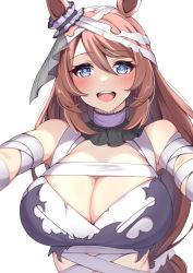 Rule 34 | 1girl, :d, animal ears, blue eyes, bow, breasts, brown hair, choker, cleavage, commentary request, ear ribbon, hair between eyes, halloween, highres, horse ears, horse girl, large breasts, long hair, looking at viewer, nanao (naoekaki25), official alternate costume, open mouth, purple choker, purple ribbon, ribbon, round teeth, simple background, smile, solo, super creek (chiffon ribbon mummy) (umamusume), super creek (umamusume), teeth, umamusume, upper body, upper teeth only, white background
