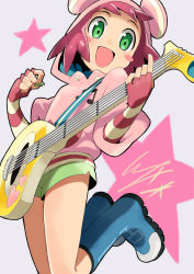 Rule 34 | 1girl, :d, beamed eighth notes, blue footwear, blush stickers, boots, elbow gloves, eyebrows, fingerless gloves, gloves, green eyes, green shorts, guitar, heart, holding, holding instrument, hood, hood up, hoodie, instrument, io naomichi, legs up, mega man (series), mega man star force, midair, multicolored clothes, multicolored gloves, musical note, open mouth, pink gloves, pink hair, pink hoodie, plectrum, short hair, shorts, smile, solo, sonia strumm (mega man), star (symbol), striped clothes, striped gloves, white gloves