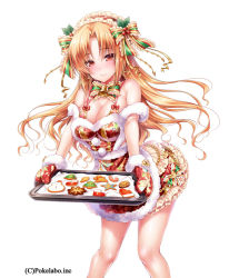Rule 34 | 1girl, apron, bad id, bad tumblr id, baking sheet, bare shoulders, bell, blonde hair, blush, bow, breasts, choker, christmas, christmas stocking, christmas tree, cleavage, cookie, earrings, female focus, food, gingerbread man, hair bow, hair ribbon, hairband, heart, heart earrings, hizuki akira, jewelry, large breasts, long hair, looking at viewer, neck bell, open mouth, original, oven mitts, red eyes, ribbon, simple background, smile, snowman, solo, star (symbol), white background