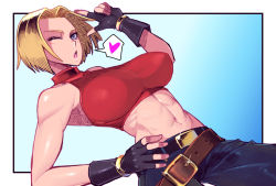 Rule 34 | 1girl, :o, abs, bare shoulders, belt, belt buckle, blonde hair, blowing kiss, blue eyes, blue mary, breasts, buckle, covered erect nipples, crop top, diffraction spikes, dutch angle, finger gun, fingerless gloves, forehead, from below, glint, gloves, gold, hair intakes, hand on own hip, heart, large breasts, looking at viewer, loose belt, medium hair, midriff, misonou hirokichi, muscular, muscular female, navel, ok sign, one eye closed, open mouth, outside border, parted hair, shirt, simple background, sleeveless turtleneck crop top, spoken heart, straight hair, taut clothes, taut shirt, the king of fighters, turtleneck crop top
