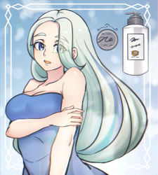 Rule 34 | 1girl, alternate costume, bare arms, blue dress, blue eyes, bottle, breasts, cleavage, collarbone, commentary request, creatures (company), dress, echizen (n fns17), framed, game freak, green hair, hair over one eye, highres, long hair, looking at viewer, mature female, melony (pokemon), multicolored hair, nintendo, open mouth, pokemon, pokemon swsh, sleeveless, solo, streaked hair