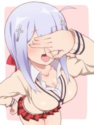 Rule 34 | 1girl, blue hair, blush, breasts, cleavage, covering own eyes, fellatio gesture, gabriel dropout, hand on own hip, highres, long hair, mbt64kmb, miniskirt, oral invitation, raphiel shiraha ainsworth, skirt, solo, thighs, tongue, tongue out