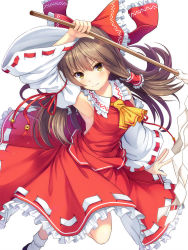 Rule 34 | &gt;:), 1girl, arm garter, arm up, armpits, ascot, blush, bobby socks, bow, breasts, brown hair, closed mouth, commentary request, detached sleeves, frilled shirt collar, frilled skirt, frills, gohei, hair bow, hair tubes, hakurei reimu, highres, japanese clothes, long hair, long sleeves, looking at viewer, medium breasts, miko, noe noel, red bow, red shirt, red skirt, ribbon-trimmed sleeves, ribbon trim, shirt, skirt, skirt set, sleeveless, sleeveless shirt, socks, solo, touhou, v-shaped eyebrows, white socks, wide sleeves, yellow eyes